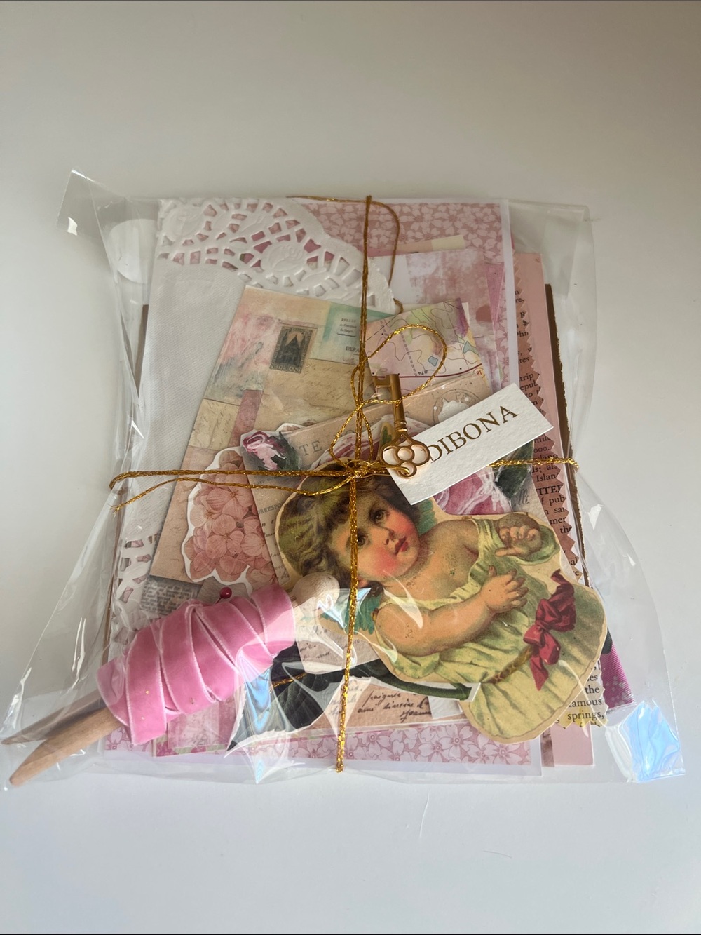 Vintage-Inspired Pink Paper Scrapbook Kit with Doily & Tag